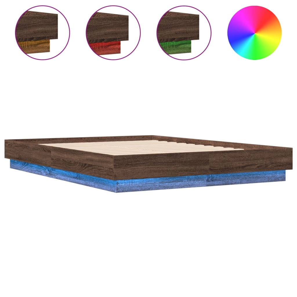 vidaXL Bed Frame with LED Lights Brown Oak 135x190 cm Double