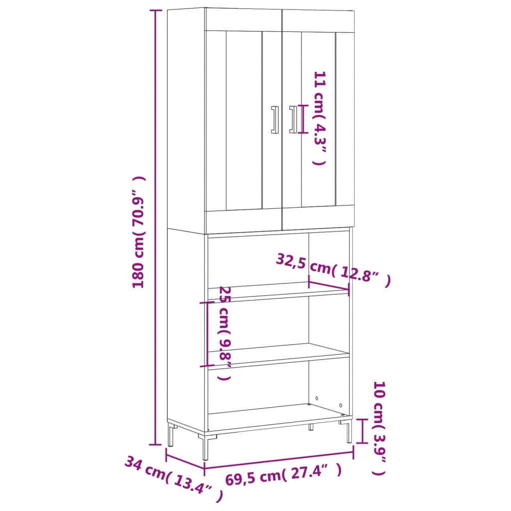 vidaXL Highboard White 69.5x34x180 cm Engineered Wood