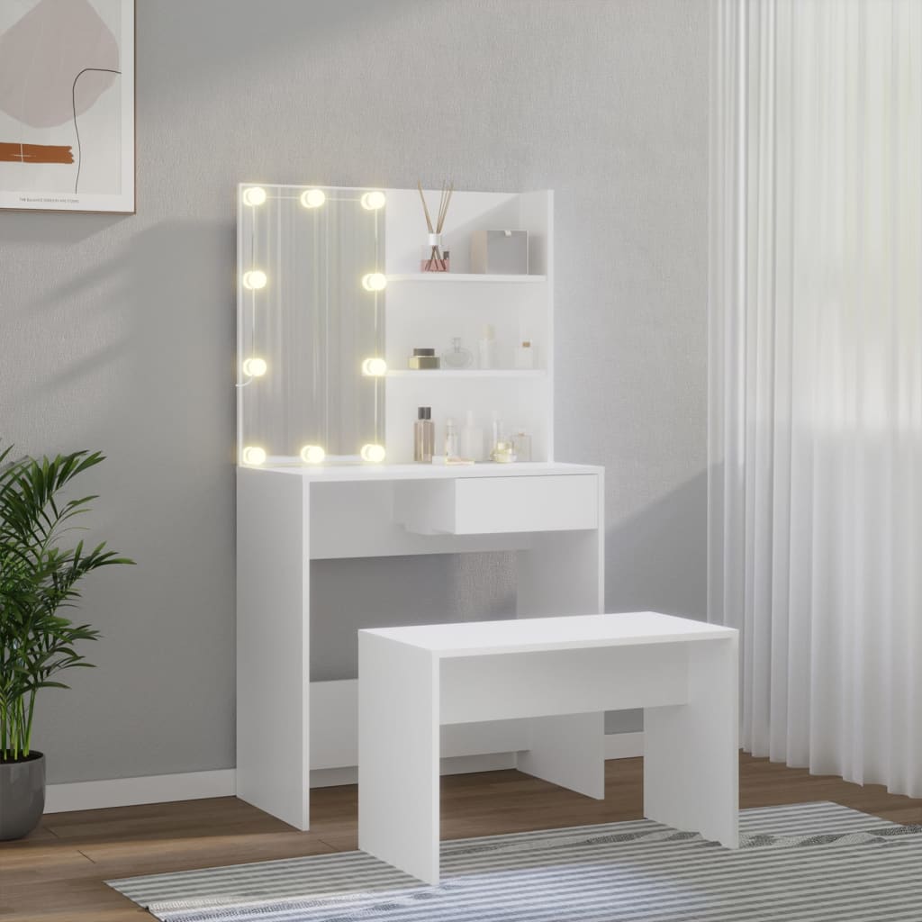 vidaXL Dressing Table Set with LED White Engineered Wood