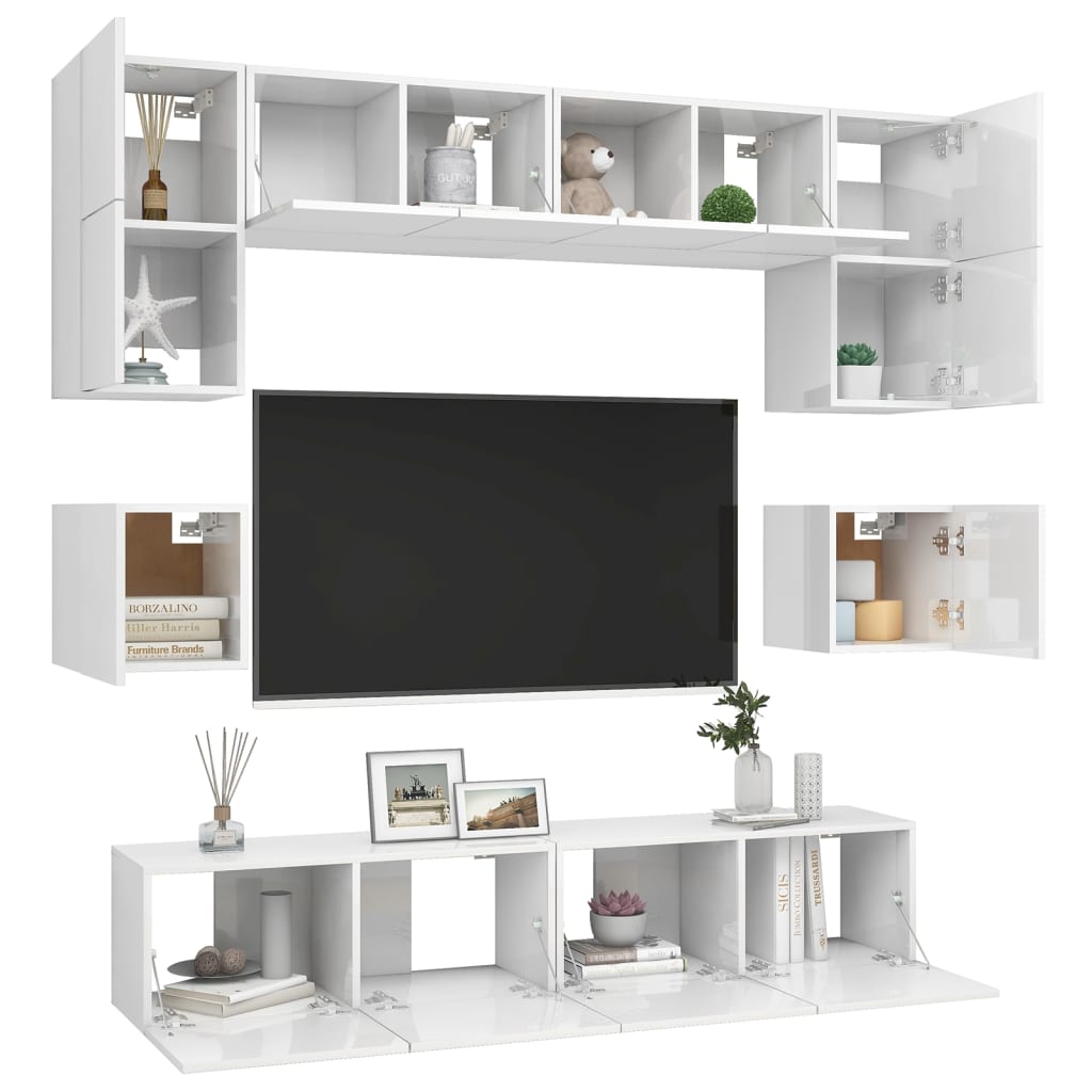 vidaXL 8 Piece TV Cabinet Set High Gloss White Engineered Wood