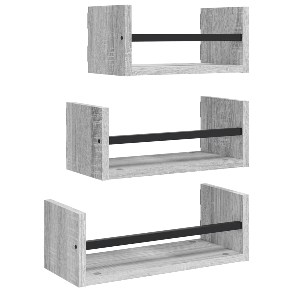 vidaXL 3 Piece Wall Shelf Set with Bars Grey Sonoma Engineered wood