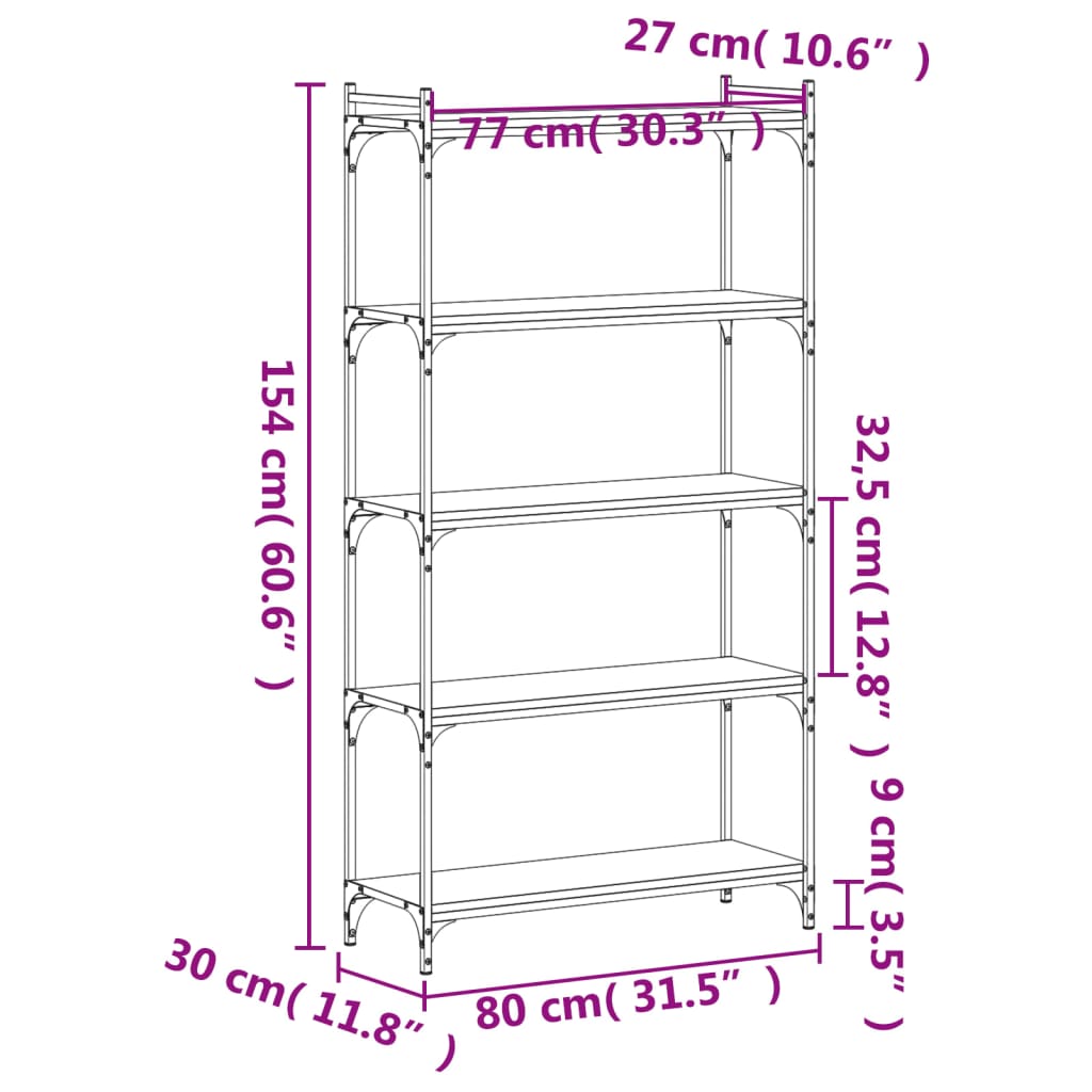 vidaXL Bookcase 5-Tier Brown Oak 80x30x154 cm Engineered Wood