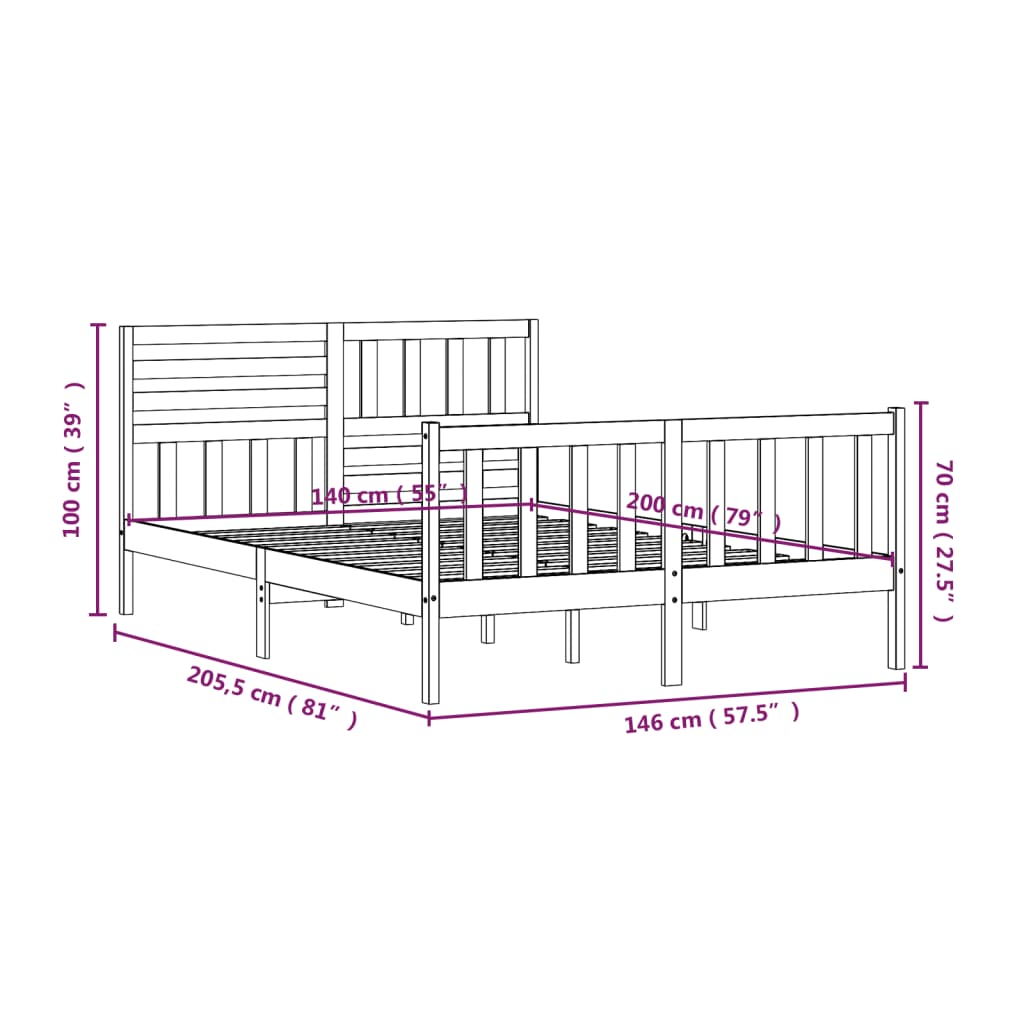 vidaXL Bed Frame without Mattress Black Solid Wood 140x200 cm (810086+814148)