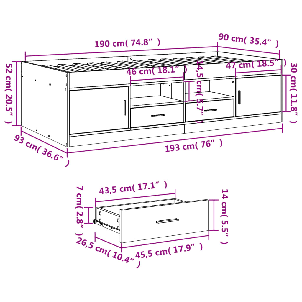 vidaXL Daybed with Drawers without Mattress Brown Oak 90x190 cm Single