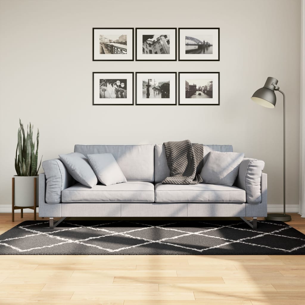 vidaXL Shaggy Rug PAMPLONA High Pile Modern Black and Cream 100x200 cm