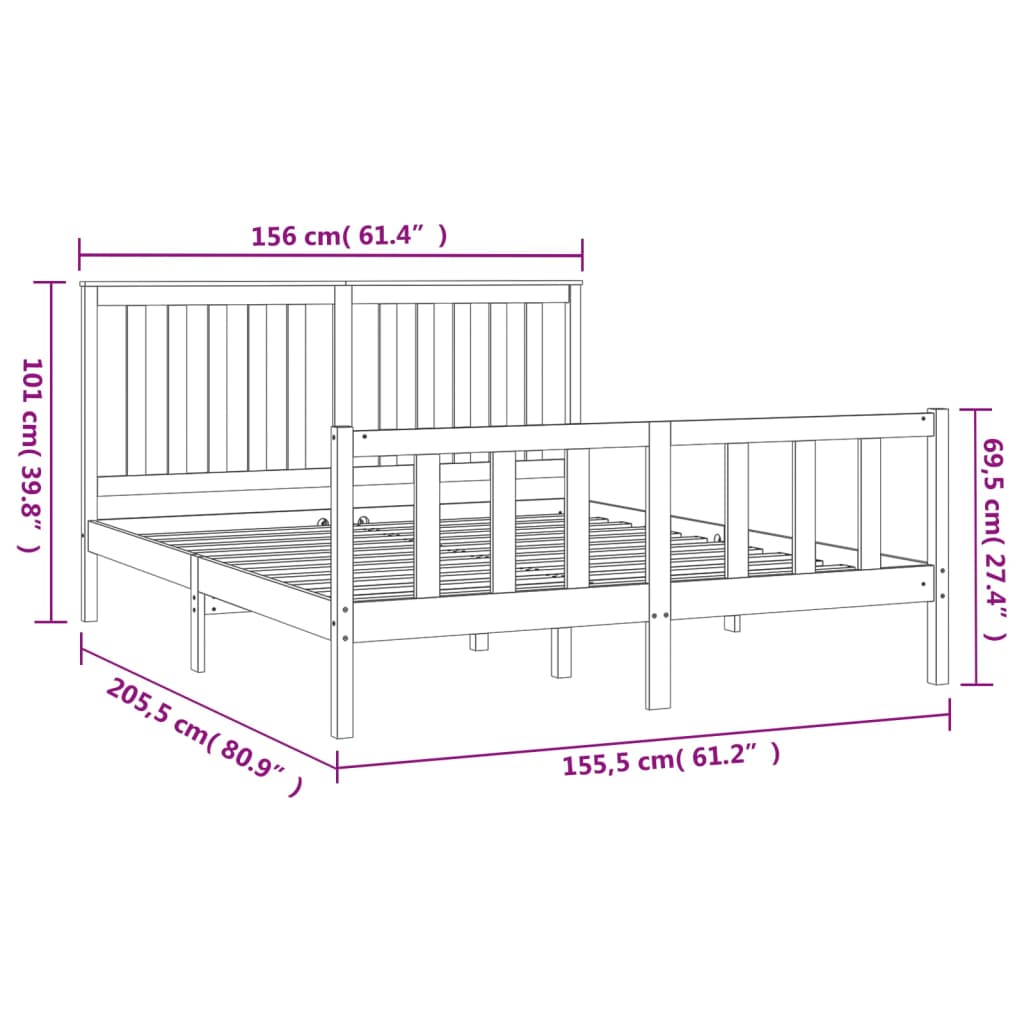 vidaXL Bed Frame with Headboard Grey 150x200 cm King Size Solid Wood Pine