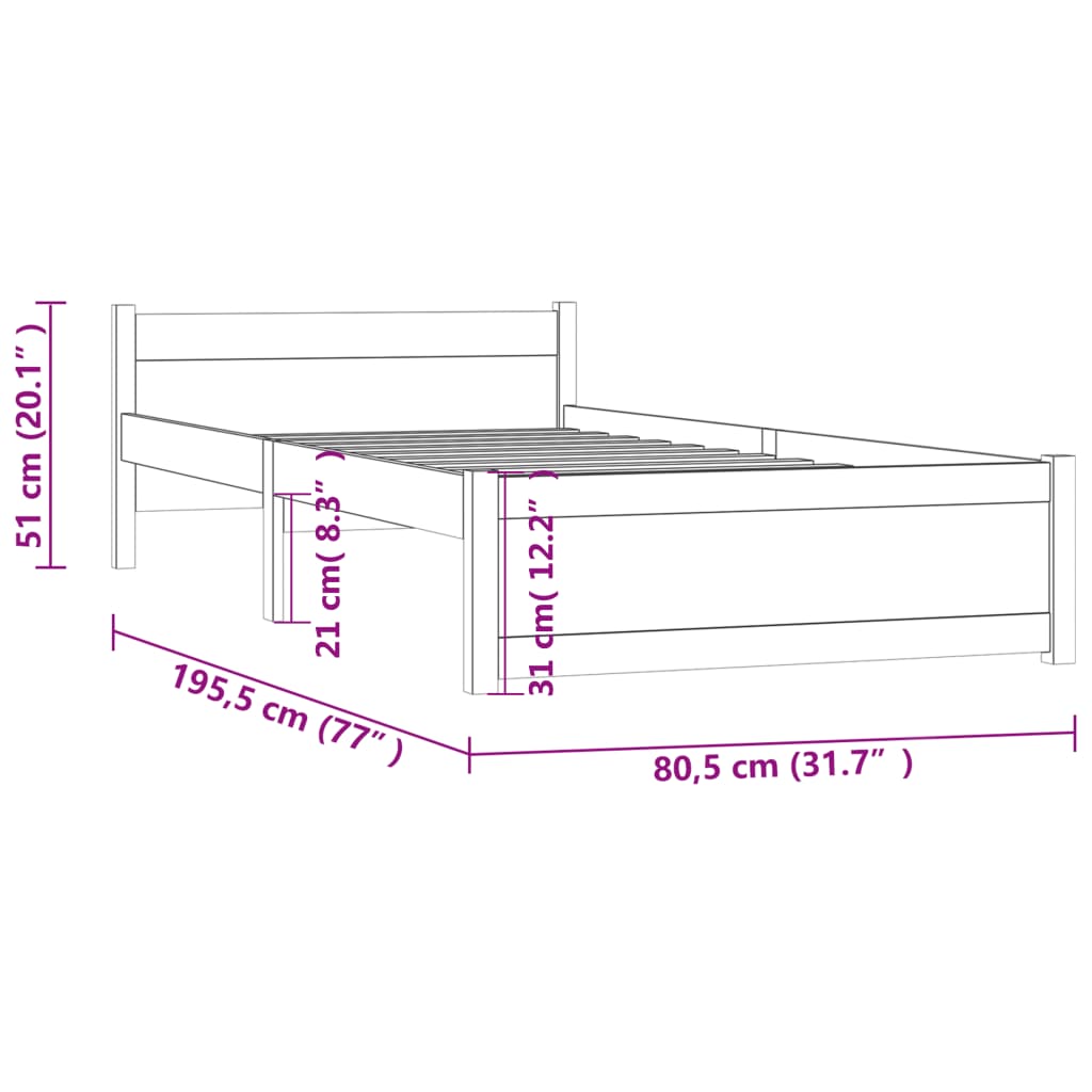 vidaXL Bed Frame without Mattress Honey Brown Solid Wood 75x190 cm Small Single