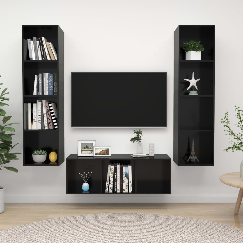 vidaXL 3 Piece TV Cabinet Set High Gloss Black Engineered Wood