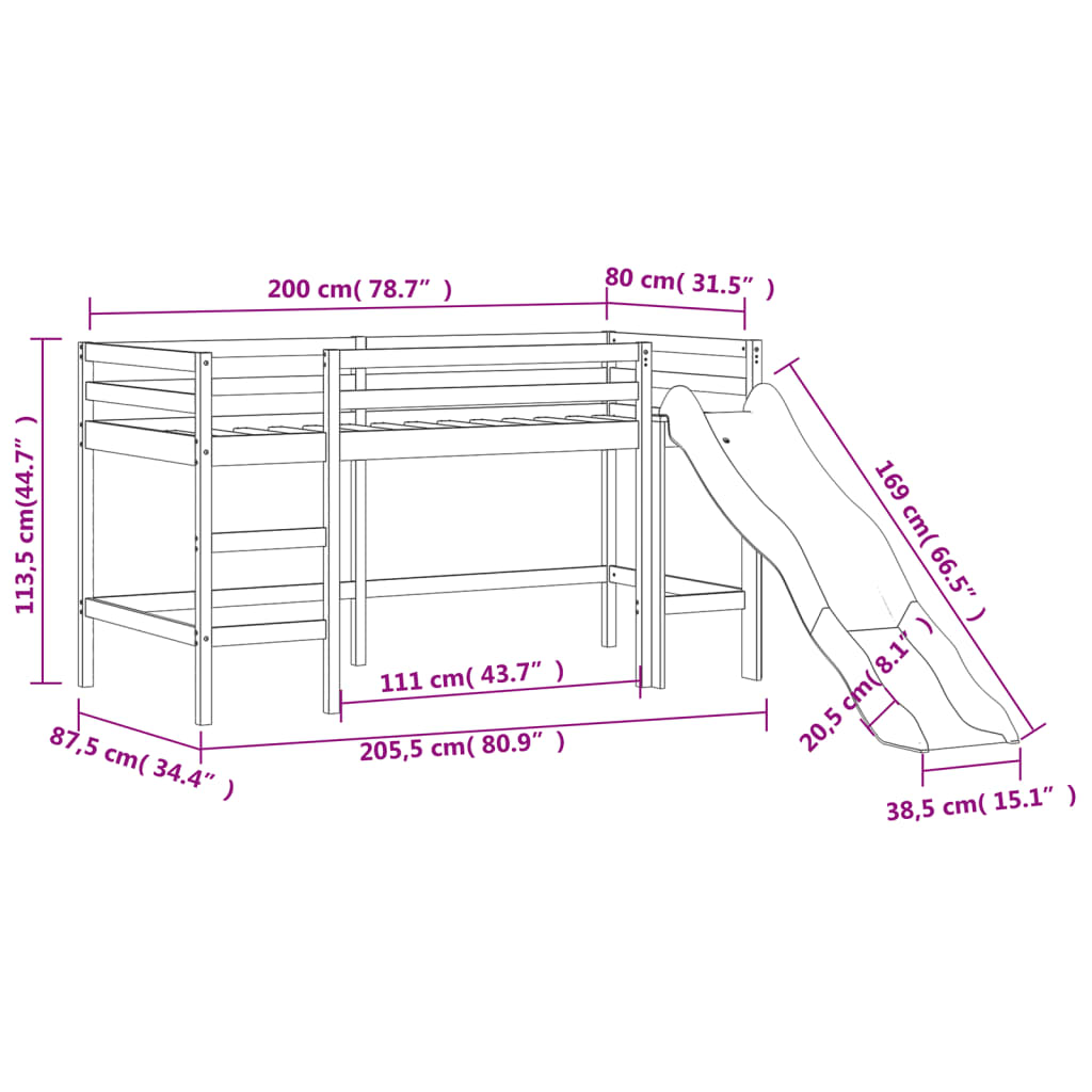 vidaXL Kids' Loft Bed without Mattress with Slide 80x200 cm