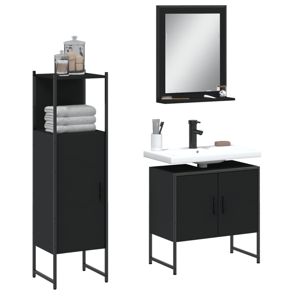 vidaXL 3 Piece Bathroom Cabinet Set Black Engineered Wood