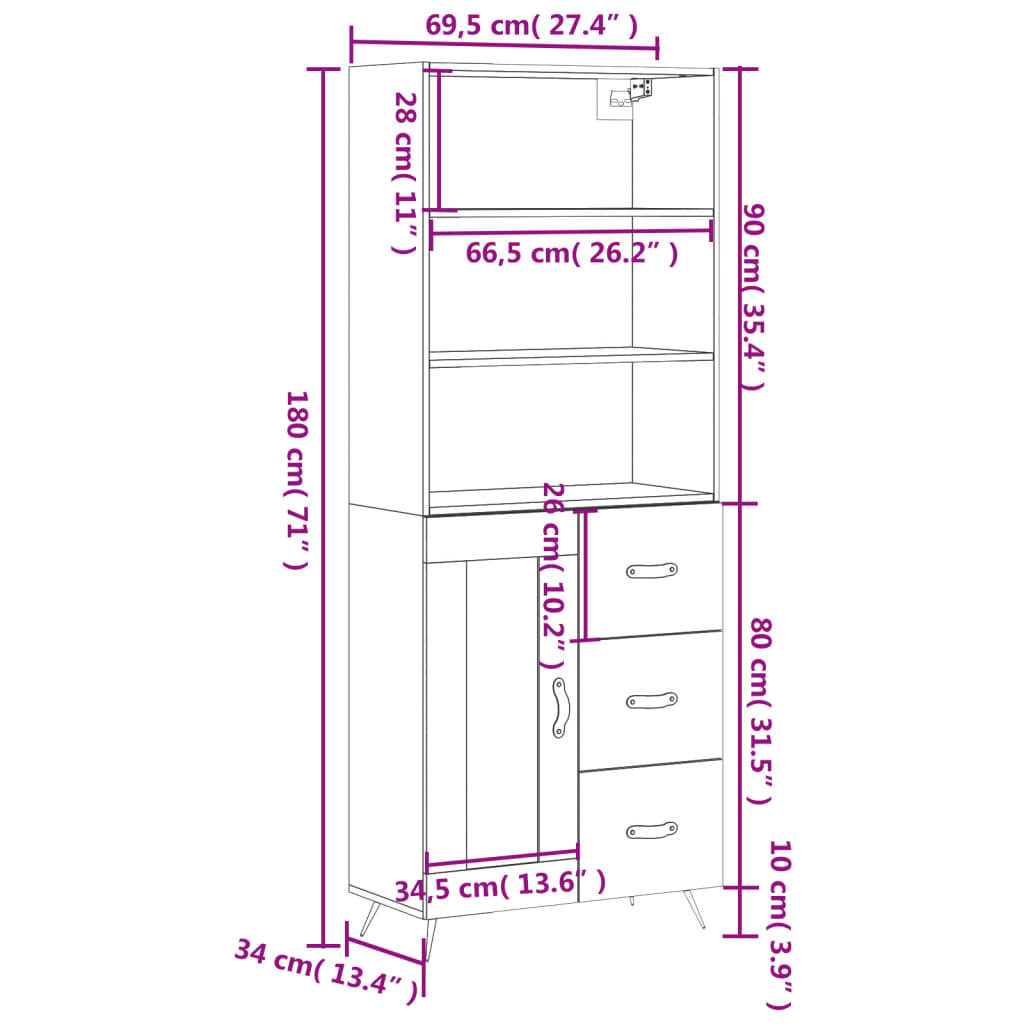 vidaXL Highboard White 69.5x34x180 cm Engineered Wood