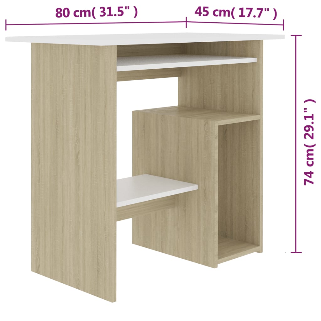 vidaXL Desk White and Sonoma Oak 80x45x74 cm Engineered Wood