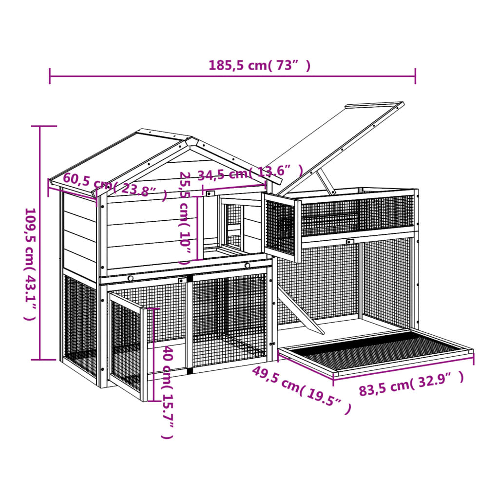 vidaXL Rabbit Hutch Mocha 185.5x60.5x109.5 cm Solid Wood Pine