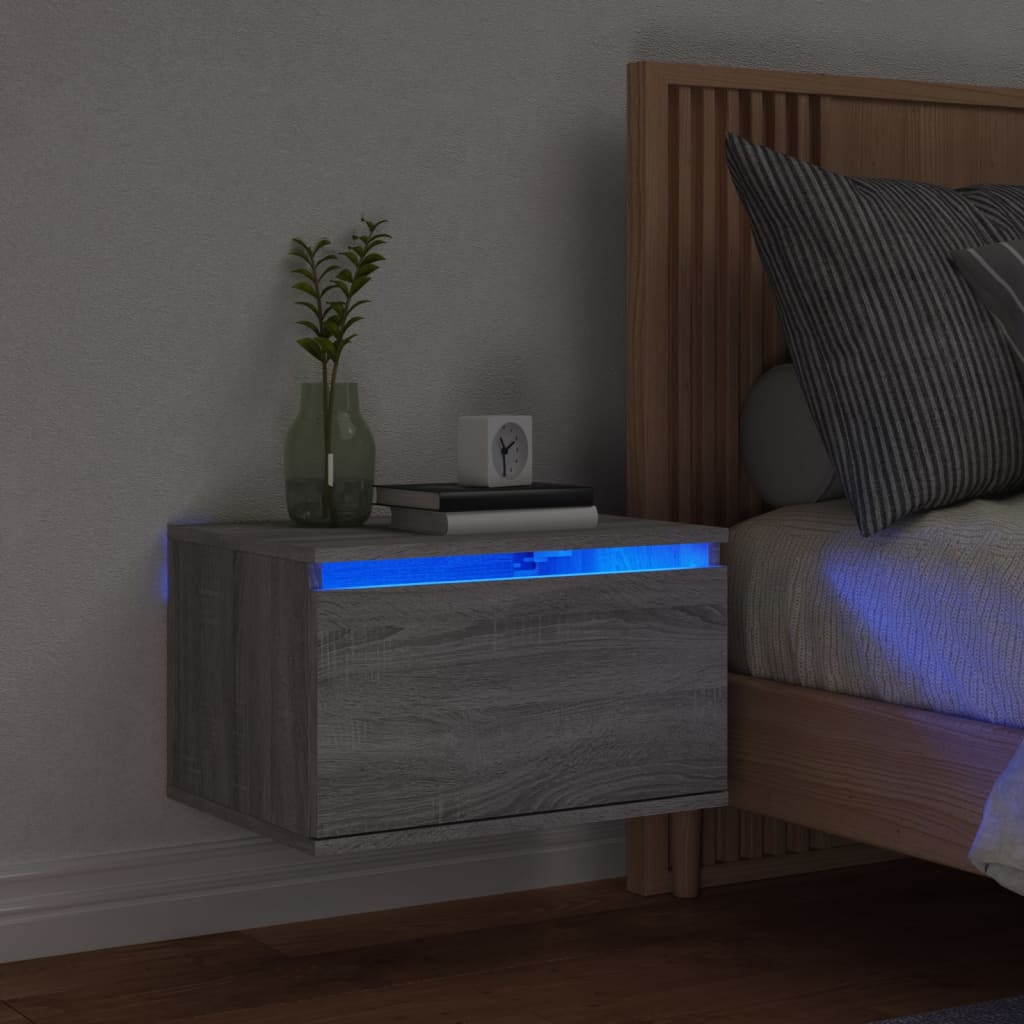 vidaXL Wall-mounted Bedside Cabinet with LED Lights Grey Sonoma