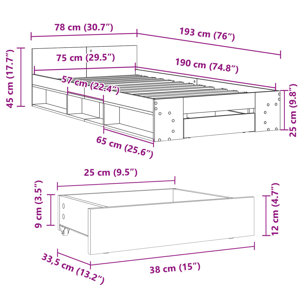 vidaXL Bed Frame with Drawer without Mattress Black 75x190 cm Small Single