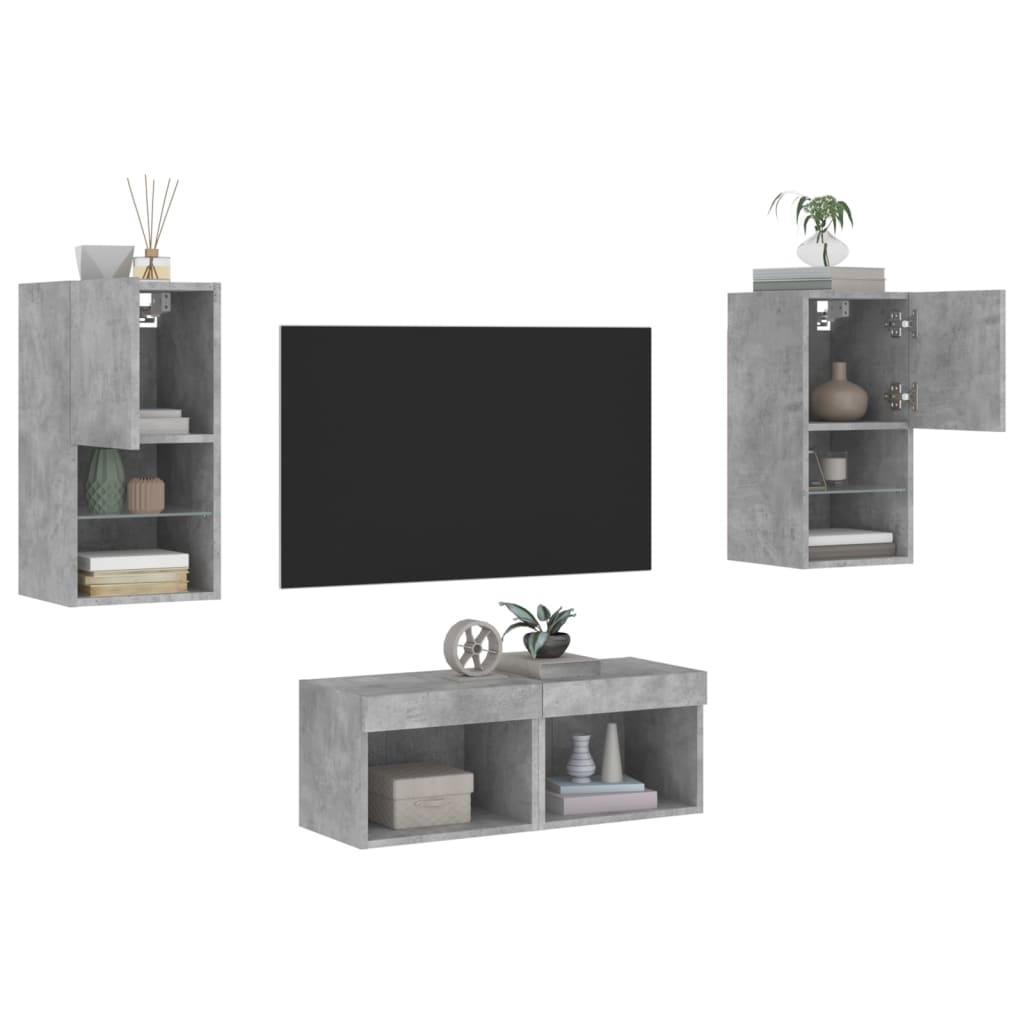 vidaXL 4 Piece TV Wall Cabinets with LED Lights Concrete Grey