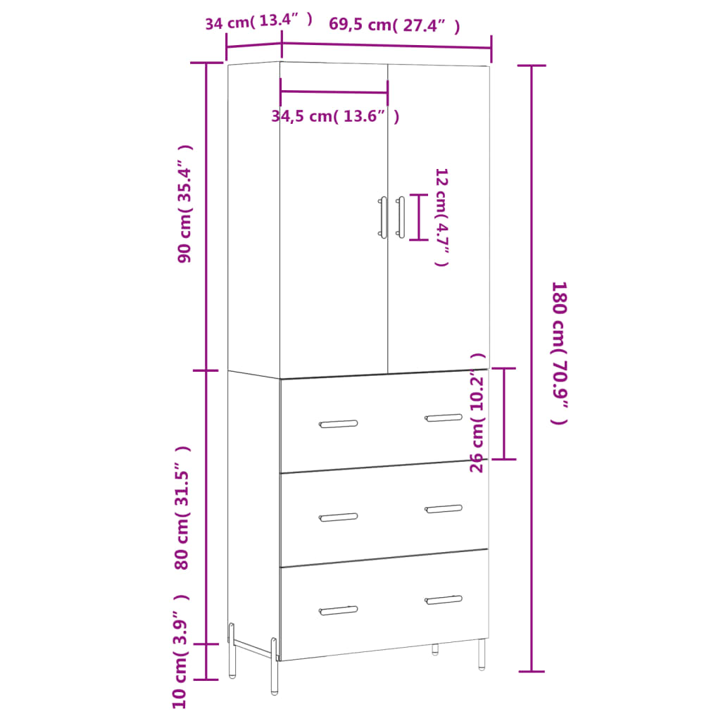 vidaXL Highboard High Gloss White 69.5x34x180 cm Engineered Wood