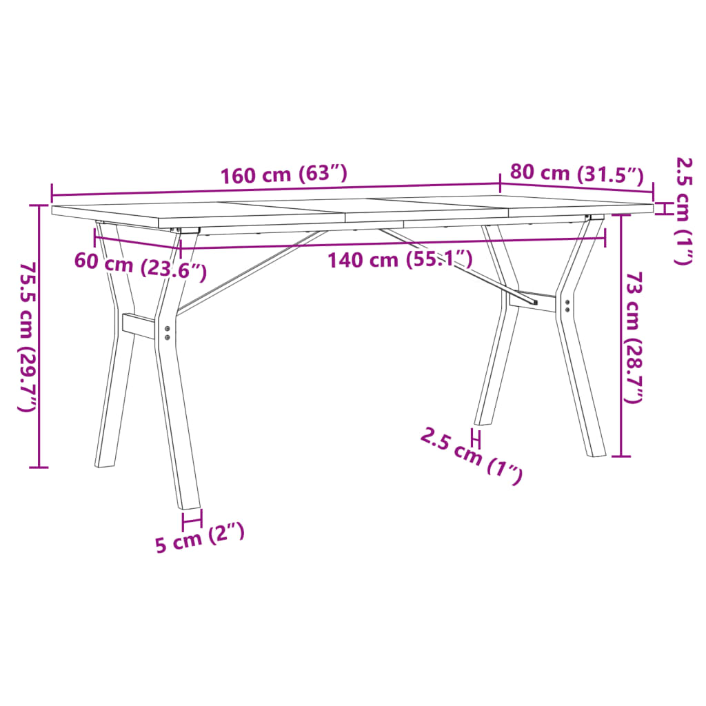 vidaXL Dining Table Y-Frame 160x80x75.5 cm Solid Wood Pine and Cast Iron