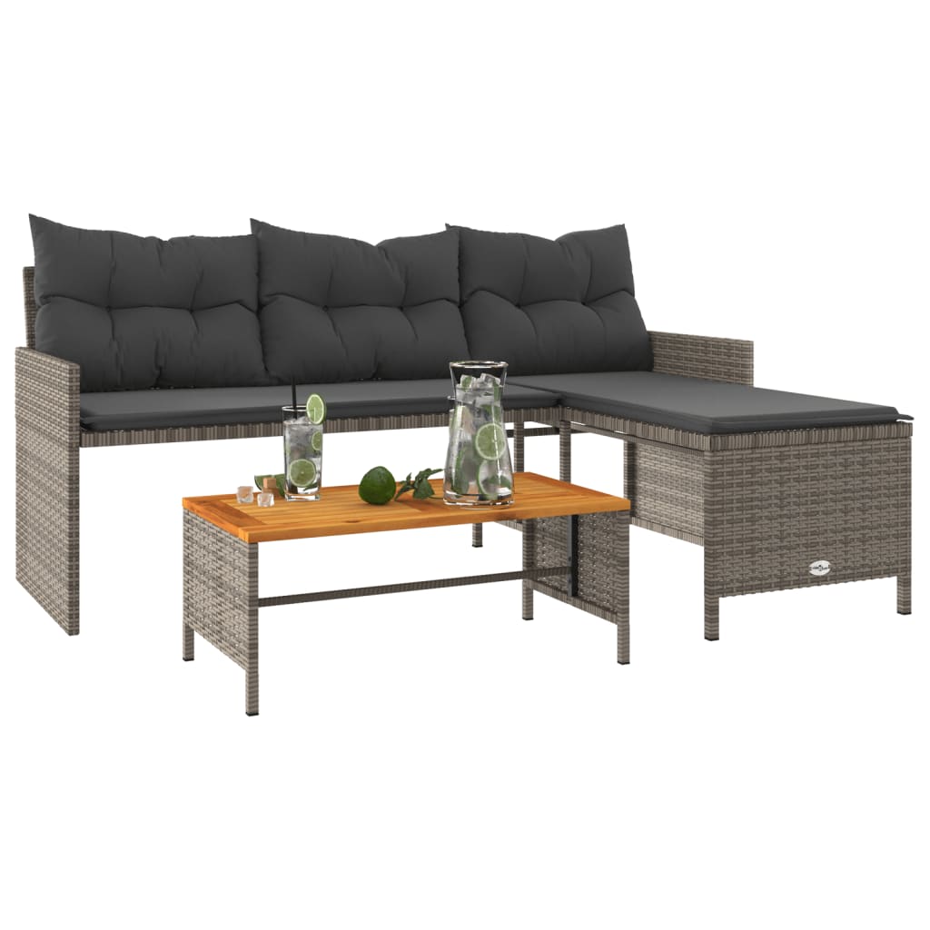 vidaXL Garden Sofa with Table and Cushions L-Shaped Grey Poly Rattan