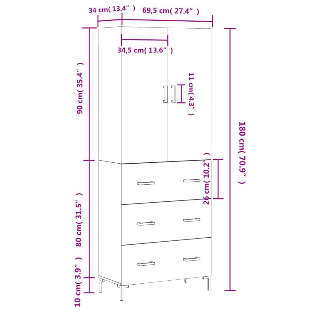 vidaXL Highboard Grey Sonoma 69.5x34x180 cm Engineered Wood