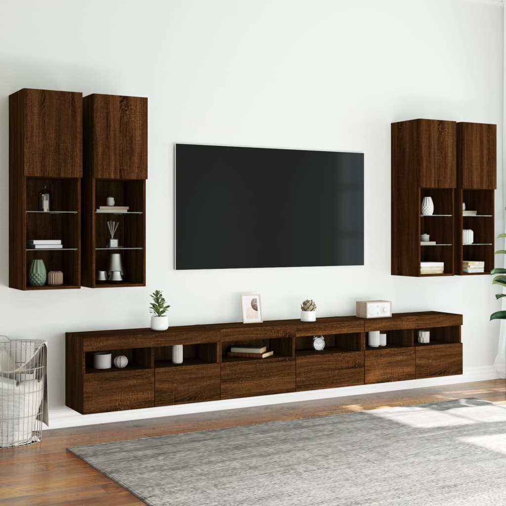 vidaXL 7 Piece TV Wall Cabinet Set with LED Lights Brown Oak