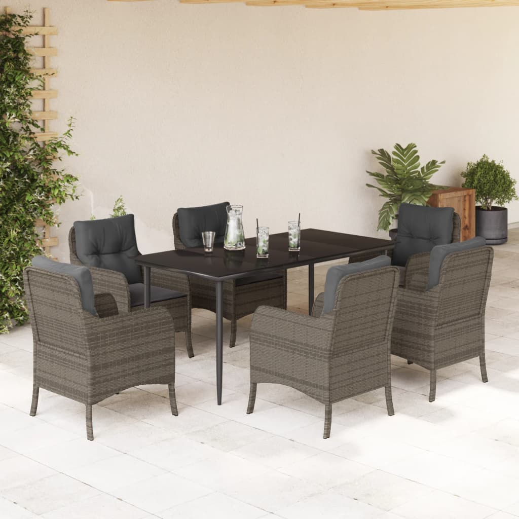 vidaXL 7 Piece Garden Dining Set with Cushions Grey Poly Rattan