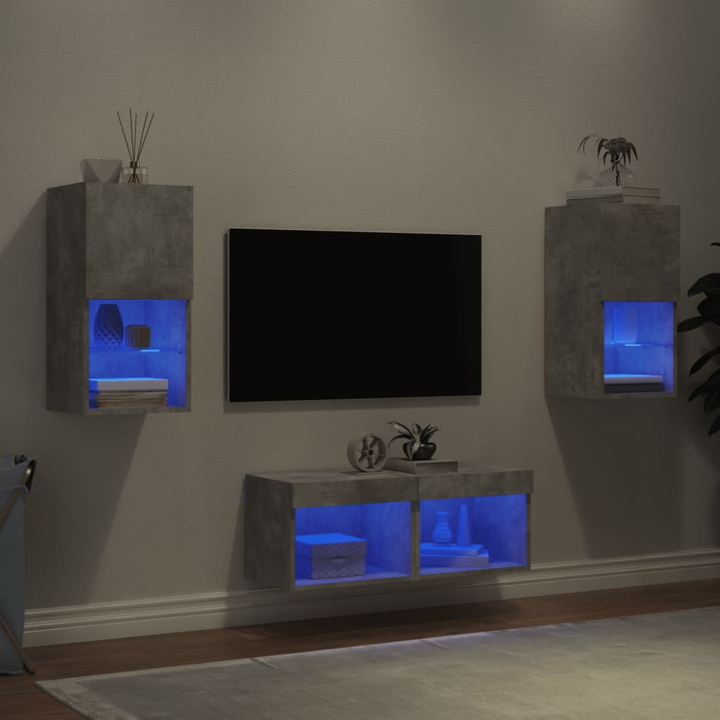 vidaXL 4 Piece TV Wall Cabinets with LED Lights Concrete Grey