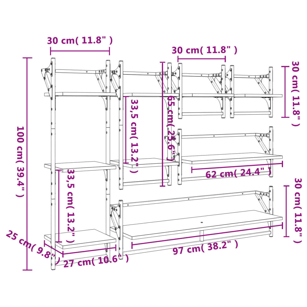 vidaXL 6 Piece Wall Shelf Set with Bars Black Engineered Wood