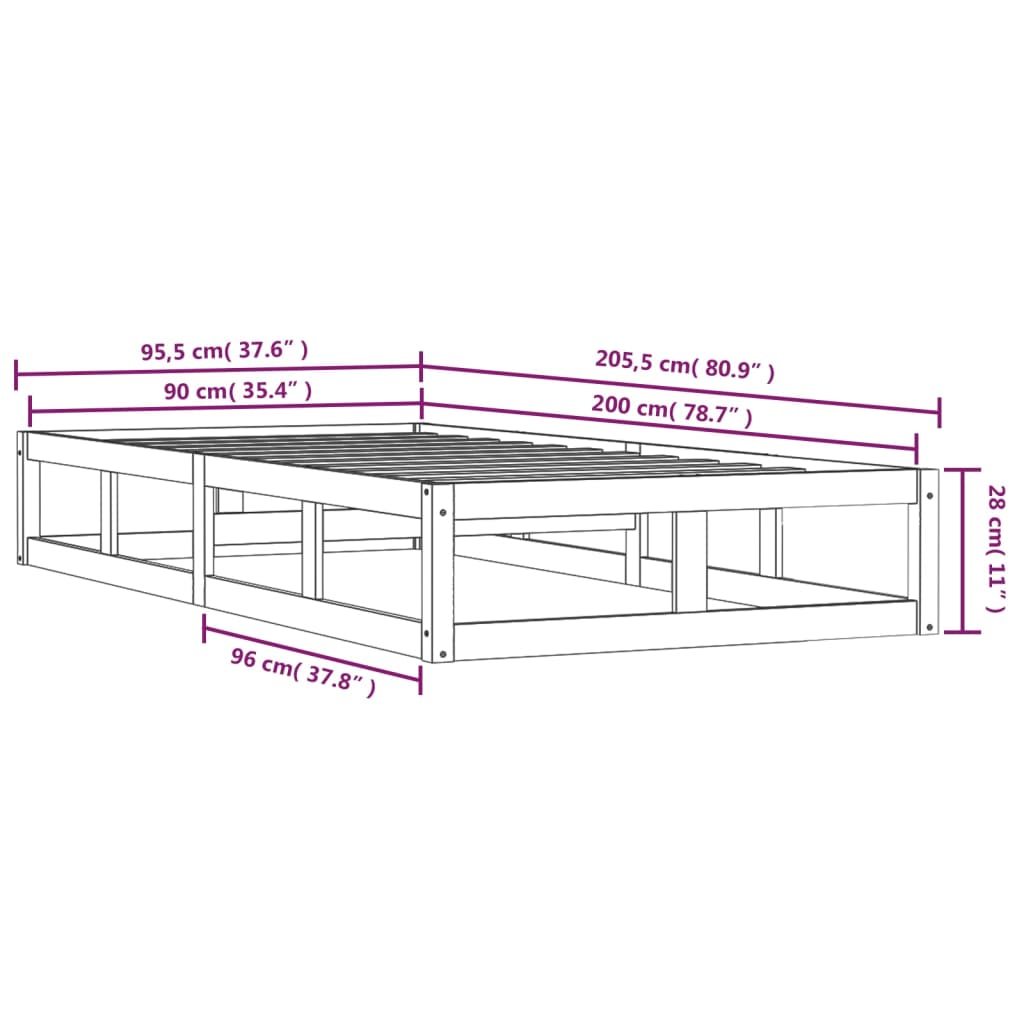 vidaXL Bed Frame without Mattress Black 90x200 cm Solid Wood