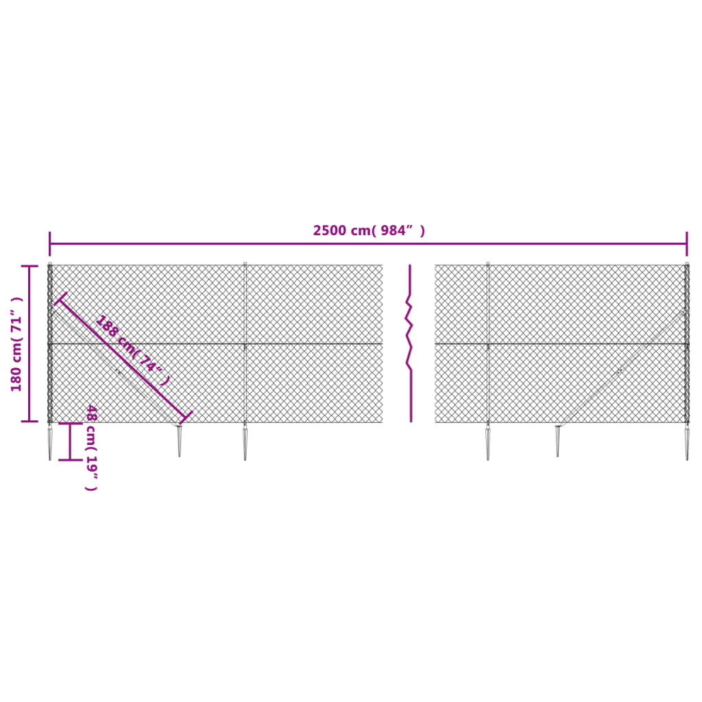 vidaXL Chain Link Fence with Spike Anchors Silver 1.8x25 m