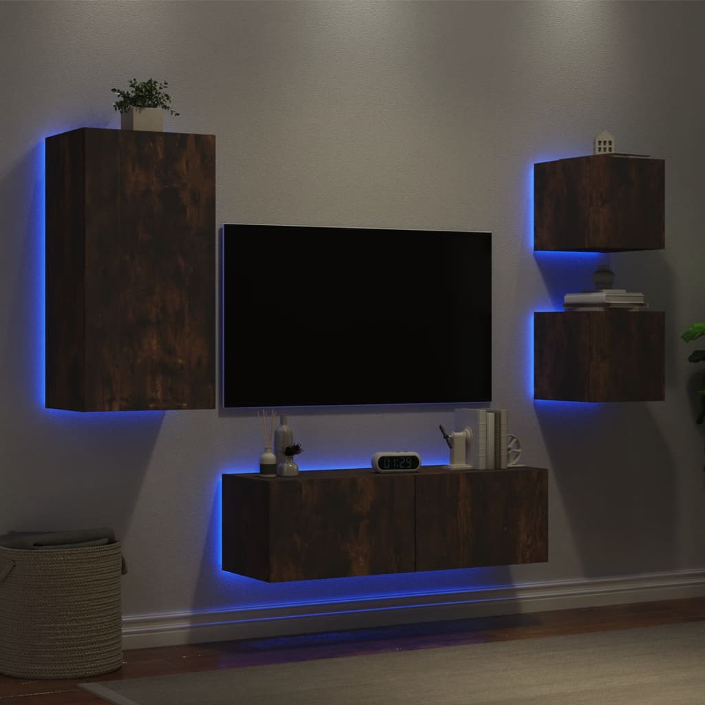 vidaXL 4 Piece TV Wall Cabinets with LED Lights Smoked Oak