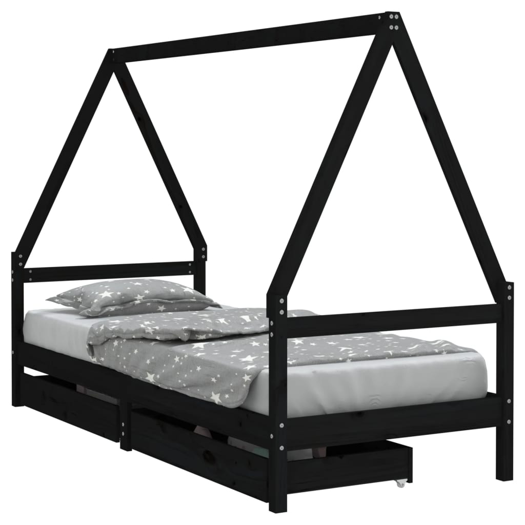 vidaXL Kids Bed Frame with Drawers Black 80x200 cm Solid Wood Pine