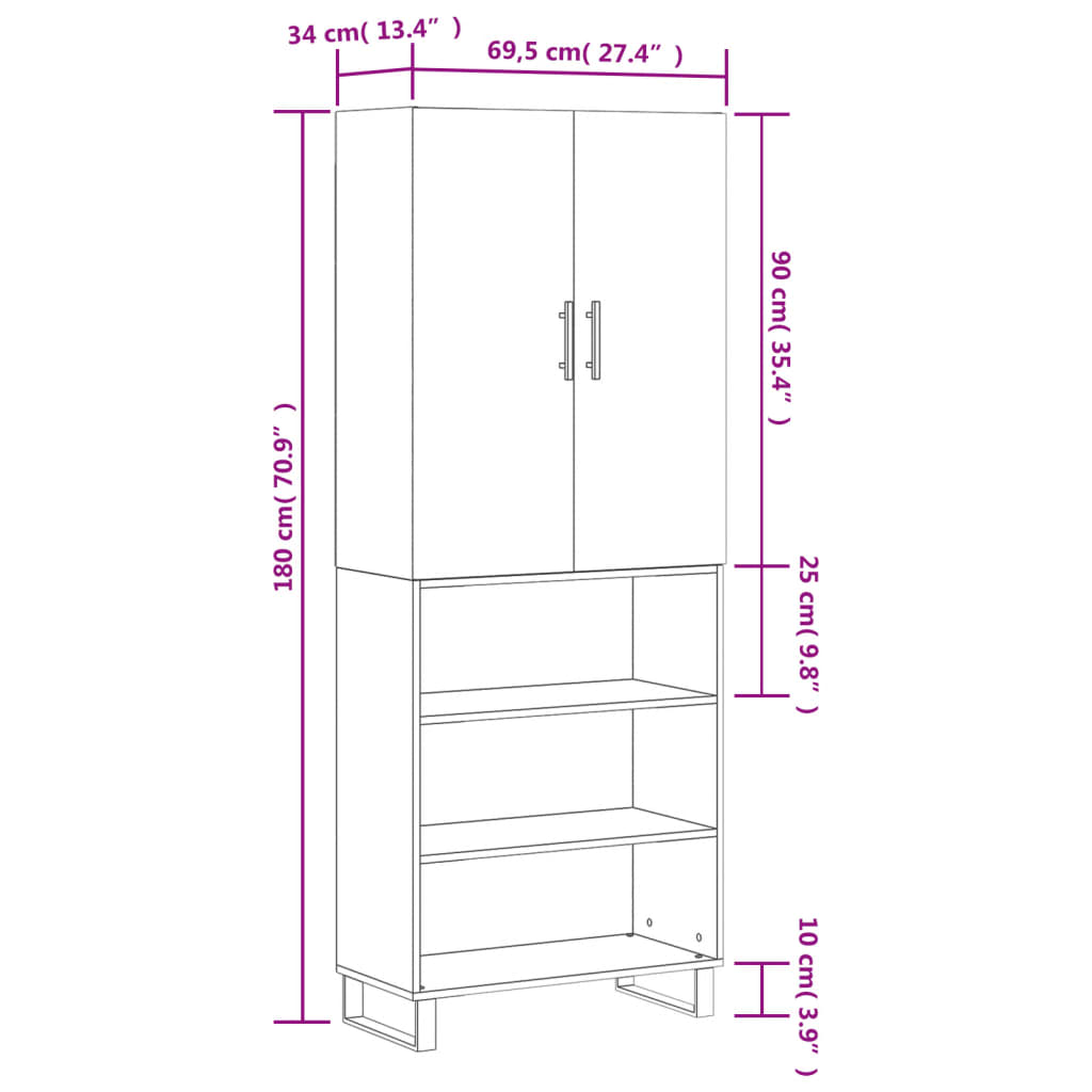 vidaXL Highboard High Gloss White 69.5x34x180 cm Engineered Wood