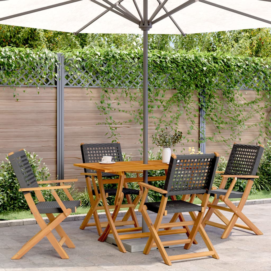 vidaXL Folding Garden Chairs 4 pcs Black Poly Rattan and Solid Wood