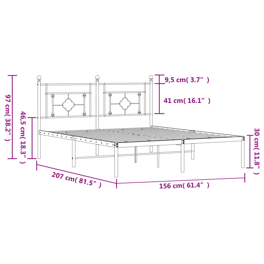 vidaXL Metal Bed Frame without Mattress with Headboard Black 150x200 cm King Size