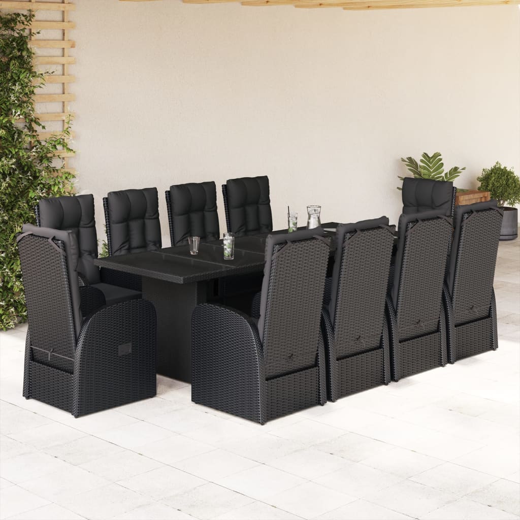 vidaXL 9 Piece Garden Dining Set with Cushions Black Poly Rattan