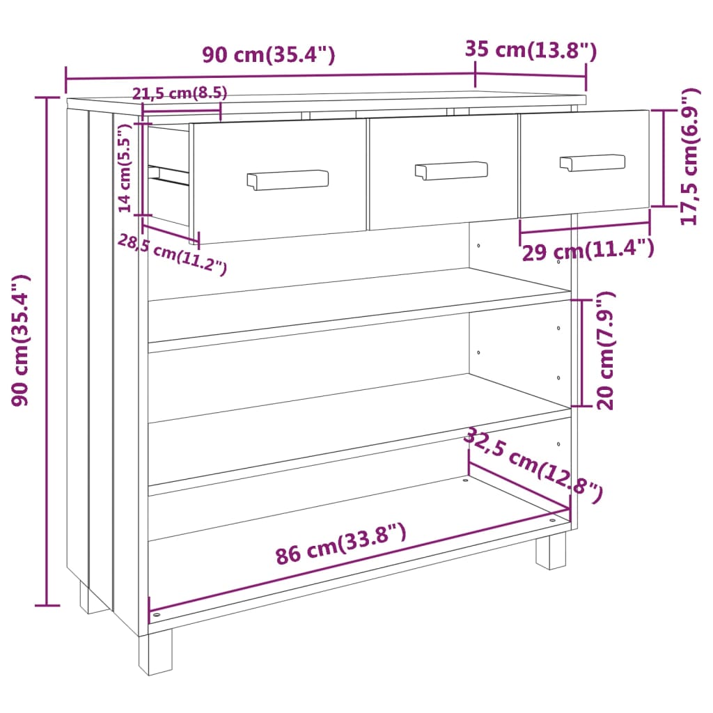 vidaXL Console Table HAMAR Light Grey 90x35x90 cm Solid Wood Pine