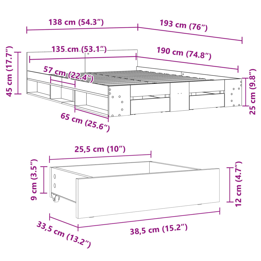 vidaXL Bed Frame with Drawers without Mattress Black 135x190 cm Double