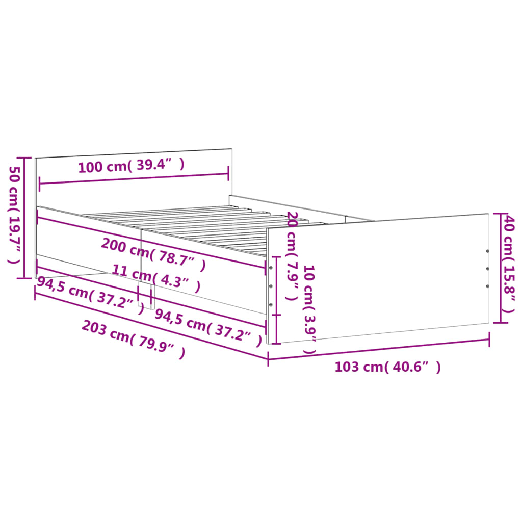 vidaXL Bed Frame without Mattress Grey Sonoma 100x200 cm Engineered Wood