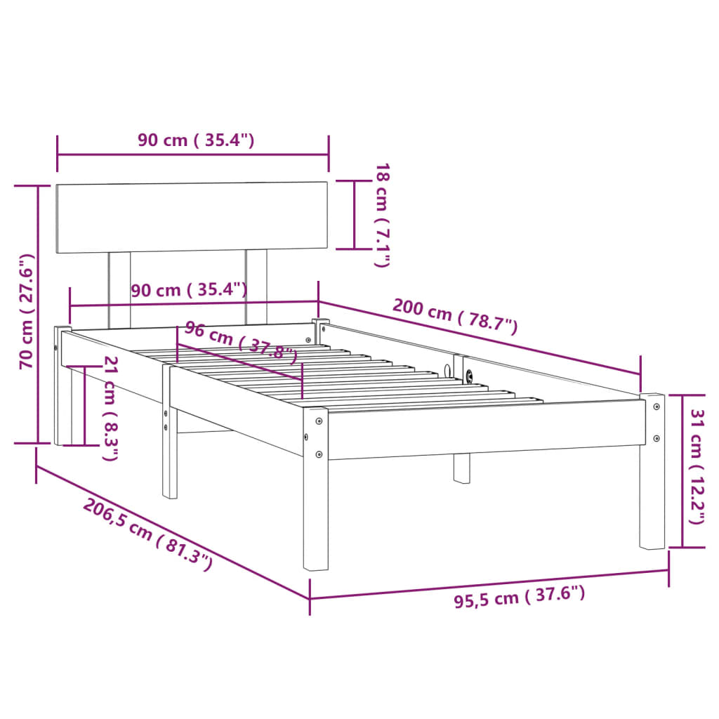 vidaXL Bed Frame without Mattress Solid Wood 90x200 cm