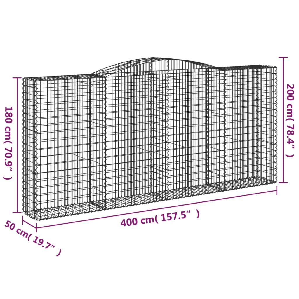 vidaXL Arched Gabion Basket 400x50x180/200 cm Galvanised Iron