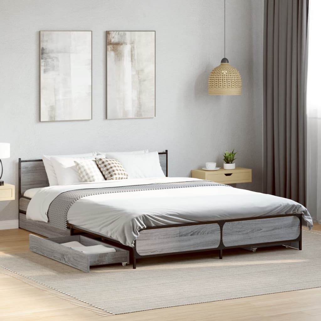 vidaXL Bed Frame with Drawers without Mattress Grey Sonoma 135x190 cm Double