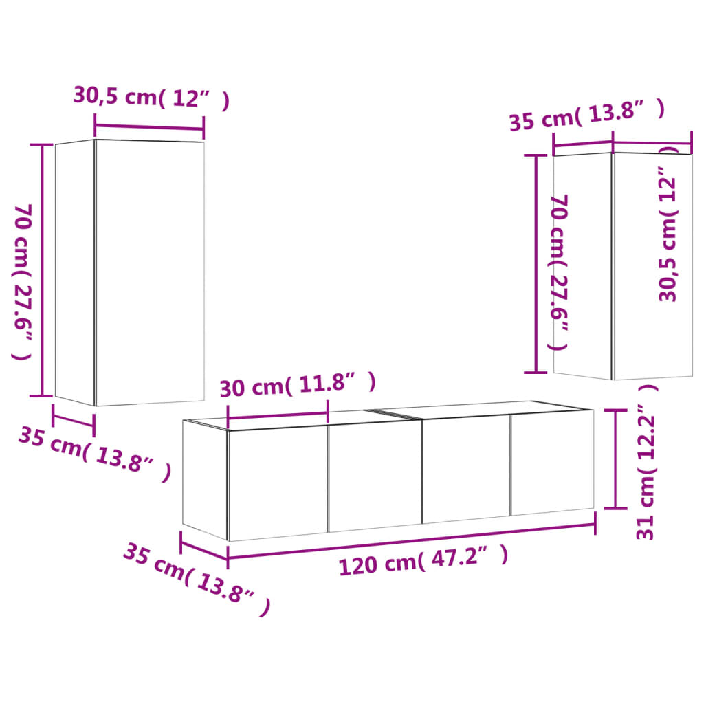 vidaXL 4 Piece TV Wall Units with LED Black Engineered Wood