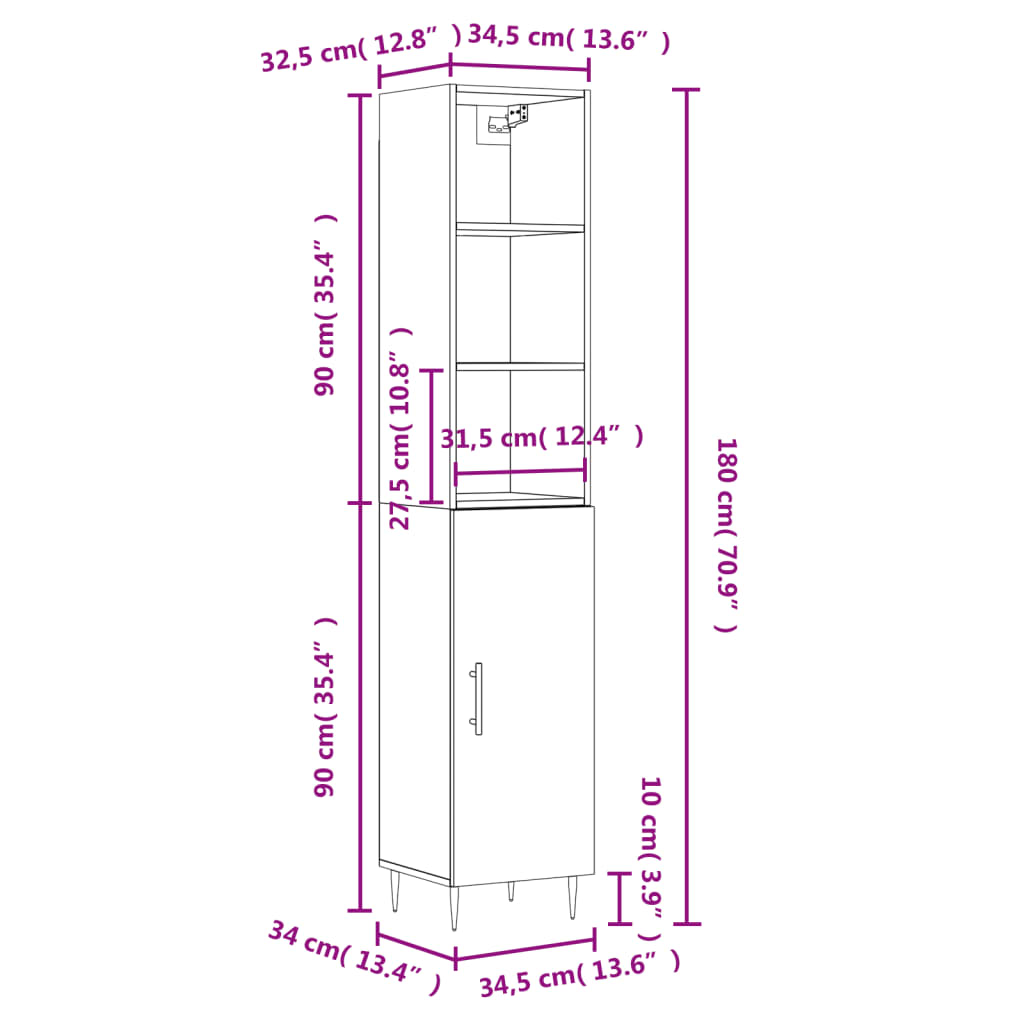 vidaXL Highboard Sonoma Oak 34.5x34x180 cm Engineered Wood