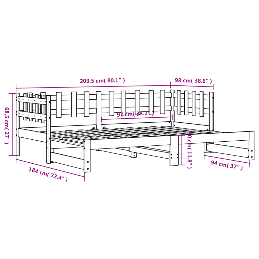 vidaXL Pull-out Day Bed without Mattress Black 2x(90x200) cm Solid Wood