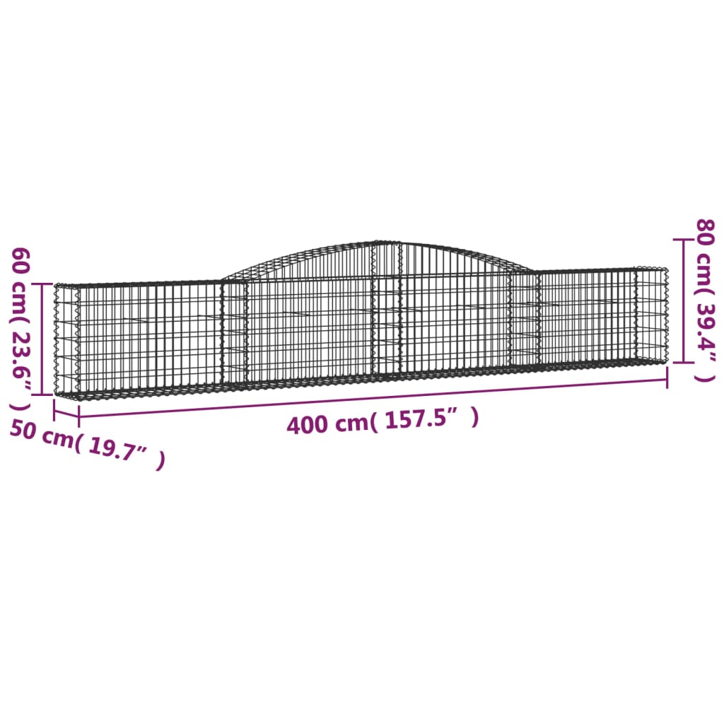 vidaXL Arched Gabion Basket 400x50x60/80 cm Galvanised Iron