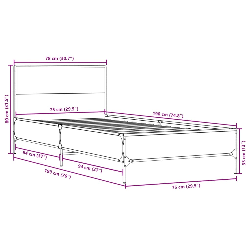 vidaXL Bed Frame without Mattress Smoked Oak 75x190 cm Small Single