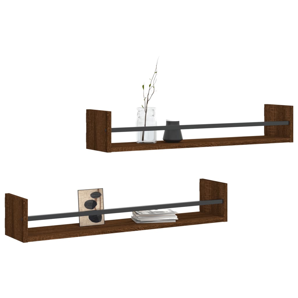 vidaXL Wall Shelves with Bars 2 pcs Brown Oak 80x16x14 cm