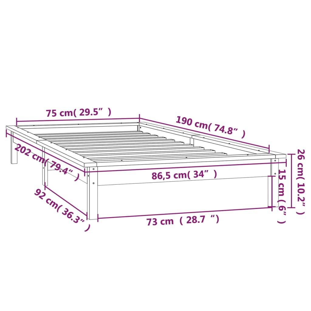 vidaXL LED Bed Frame without Mattress 75x190 cm Small Single Solid Wood