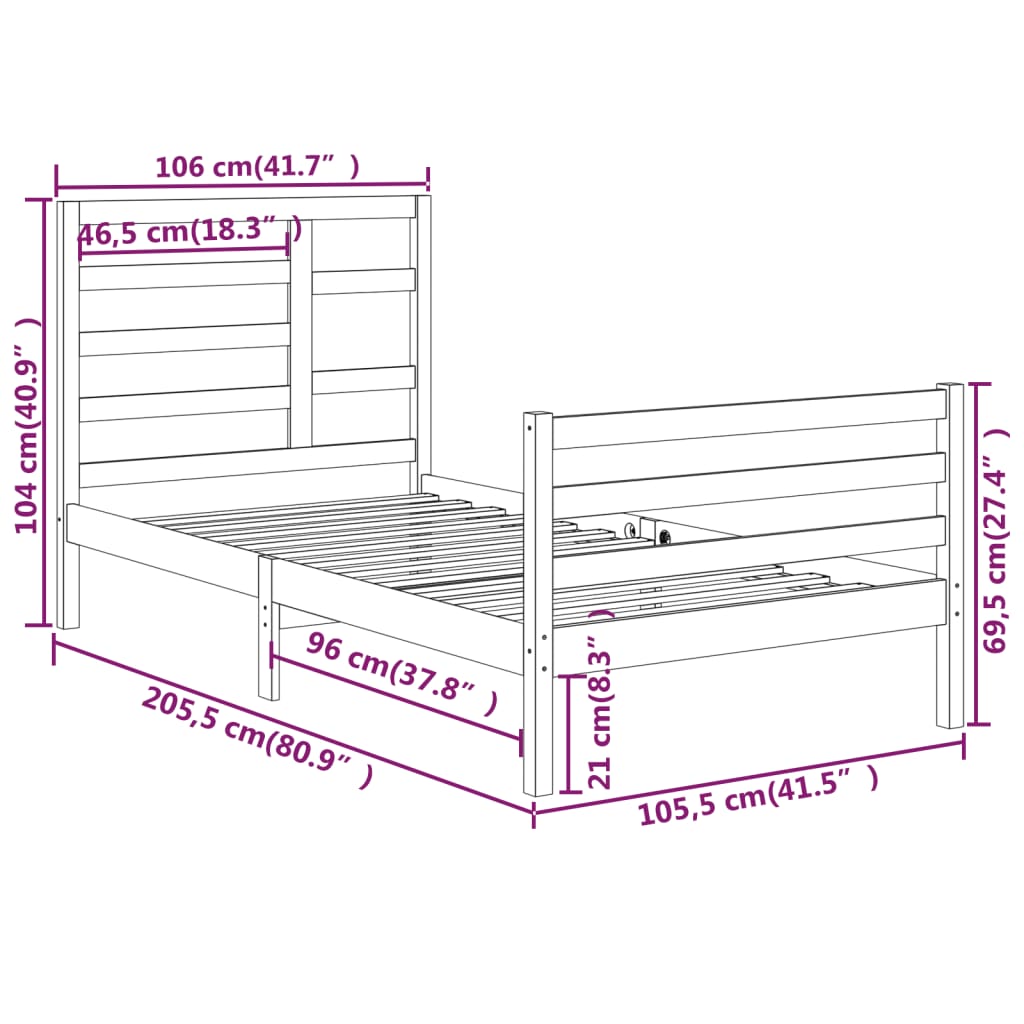 vidaXL Bed Frame without Mattress White Solid Wood 100x200 cm